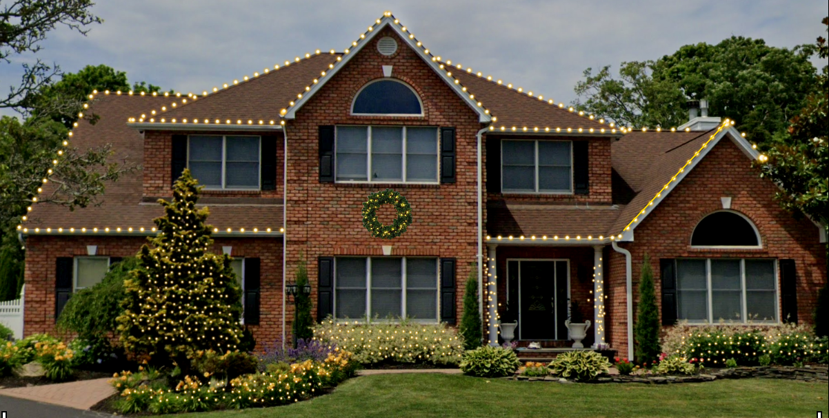 Zoom design mockup showing warm white holiday lights on a brick colonial home