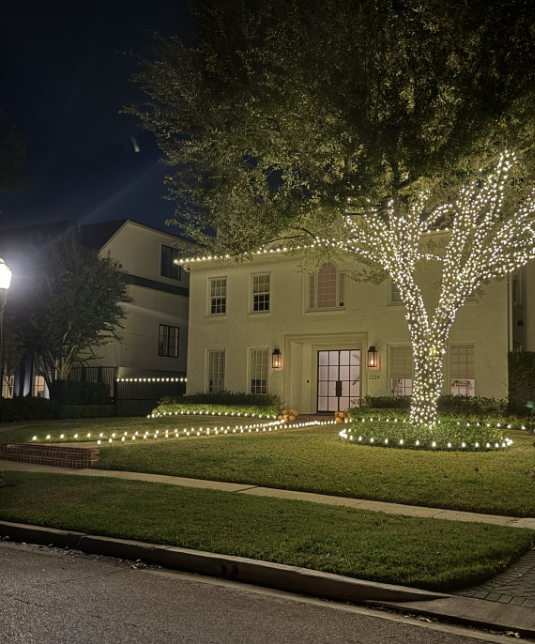 Colonial home with wrapped tree and roofline lights
